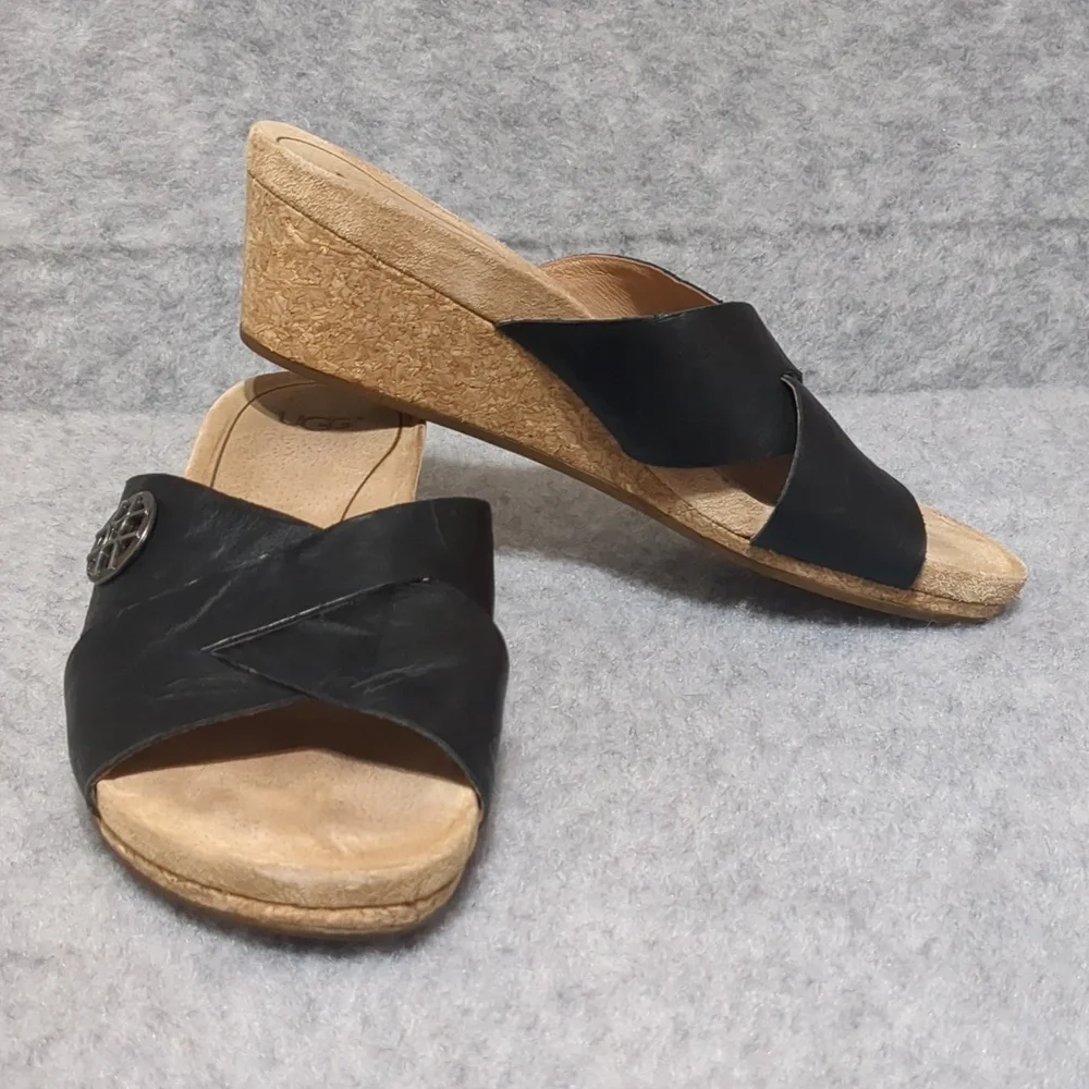 UGG Lyra Cross Cork Wedge Black Leather Sandals Size 8 - Picture 6 of 11
